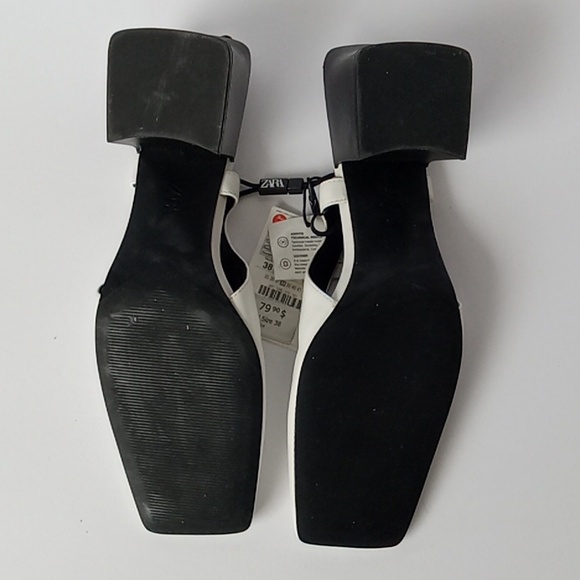 NWT Zara Genuine Leather Cream Slingback Square Toe Chunky Kitten Heels - Picture 7 of 7